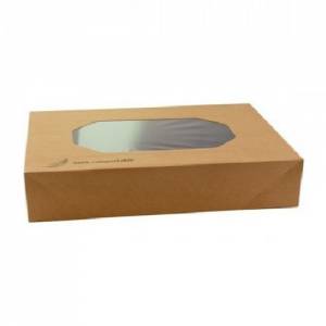KRAFT CATERING BOX WITH PLA WINDOW DIM. 56X32X8CM. BOX OF 50 PIECES