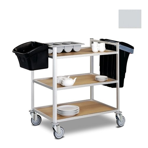 Serveerwagen Michigan 3 plateaus afm. 92,5x65,5cm. HG. 105cm. 4-zwenkwielen 2 met rem zilver grijs