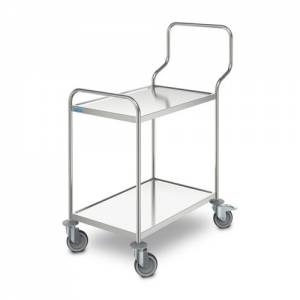 Chariot de service ergonomique, dimensions 123,8 x 70 x 126,8 cm. Acier inoxydable, 2 étagères, dimensions 100 x 60 cm. 2 tréteaux, 2 roulettes Hupfer .