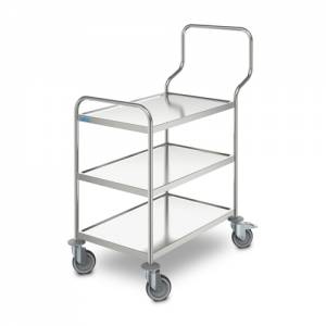 Chariot de service ergonomique, dimensions 103,8 x 60 x 126,8 cm. Acier inoxydable, 3 étagères, dimensions 80 x 50 cm. 4 roulettes Hupfer .