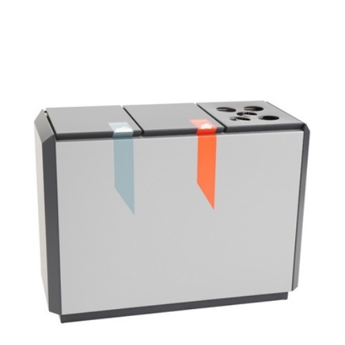 Unité de tri des déchets ignifugée RecycloStar 3 avec insert à gobelet, dimensions 99,7 x 45,3 x 74,5 cm.