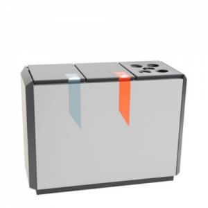Unité de tri des déchets ignifugée RecycloStar 3 avec insert à gobelet, dimensions 99,7 x 45,3 x 74,5 cm.