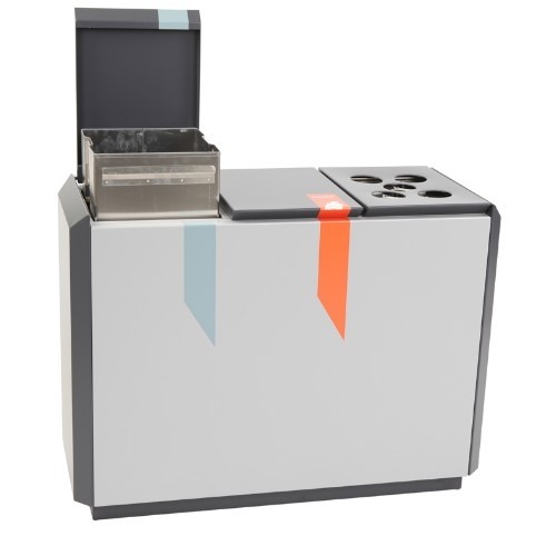 Unité de tri des déchets ignifugée RecycloStar 3 avec insert à gobelet, dimensions 99,7 x 45,3 x 74,5 cm.