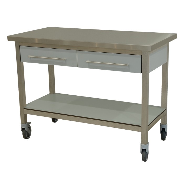 Werktafel verrijdbaar laden en bodemschap in volkern kleur grigio Perla afm. 120x60x90cm.