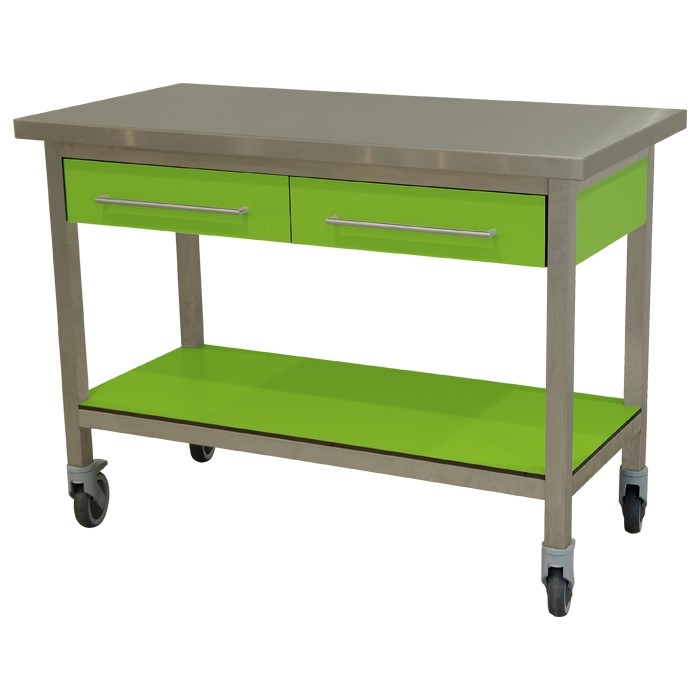 Werktafel verrijdbaar laden en bodemschap in volkern kleur groen afm. 120x60x90cm.