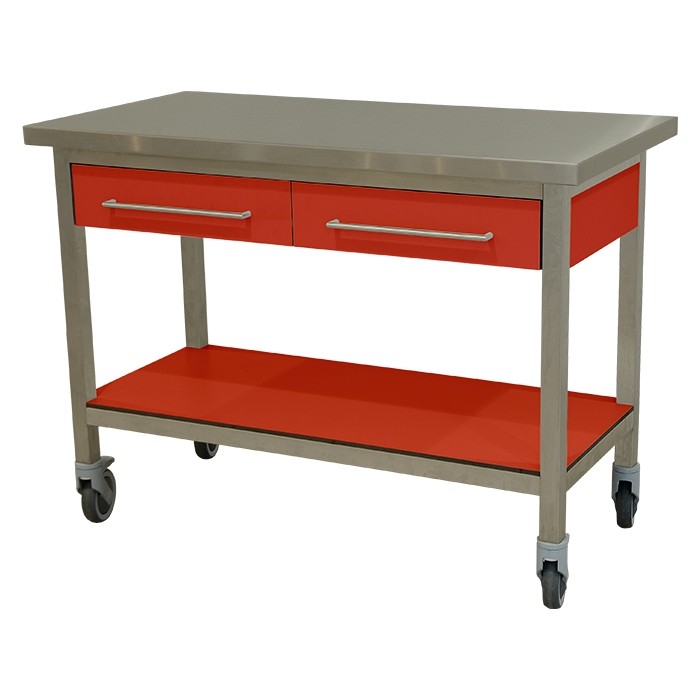 Werktafel verrijdbaar laden en bodemschap in volkern kleur rood afm. 120x60x90cm.