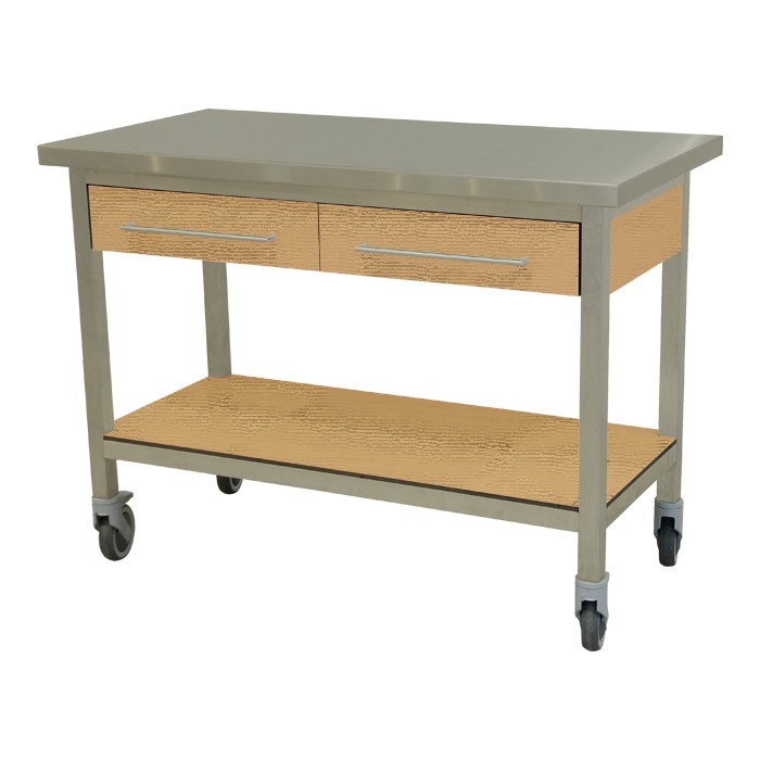 Werktafel verrijdbaar laden en bodemschap in volkern kleur licht eikenhout afm. 120x60x90cm.