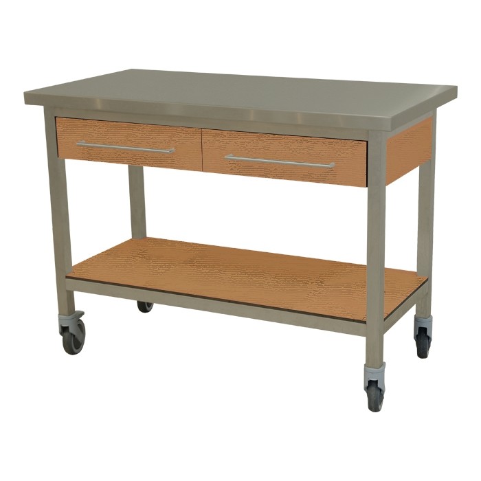 Werktafel verrijdbaar laden en bodemschap in volkern kleur teakhout afm. 120x60x90cm.