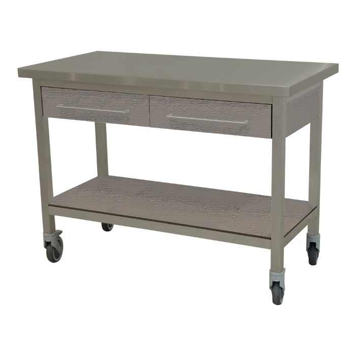 Werktafel verrijdbaar laden en bodemschap in volkern kleur gerookt eikenhout afm. 120x60x90cm.