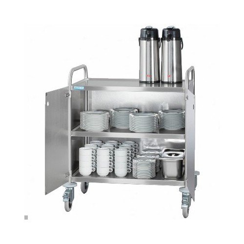 Closed serving trolley, dimensions 110x70x96cm. Stainless steel, 3 shelves, dimensions 100x60cm. 4 castors (2 with brakes) Hupfer