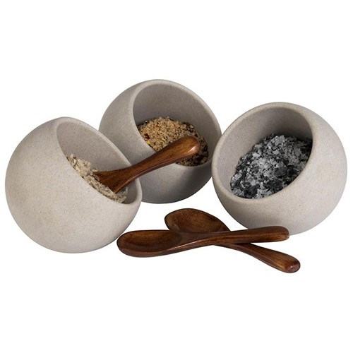 SERVIERSET SCHÜSSEL UND LÖFFEL DURCHM. 8CM. HG . 7,5 cm. BETONMELAMIN