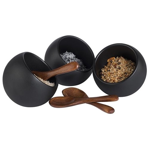 SERVIERSET SCHÜSSEL UND LÖFFEL DURCHM. 8CM. HG . 7,5 cm. SCHWARZES MELAMIN