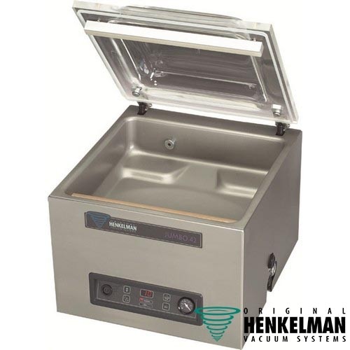 VAKUUMVERPACKUNGSMASCHINE JUMBO 42 EDELSTAHL/TISCHMODELL, ABM. 48X52,5X43CM. STROMVERSORGUNG 230V-1-50Hz/0,55 kW