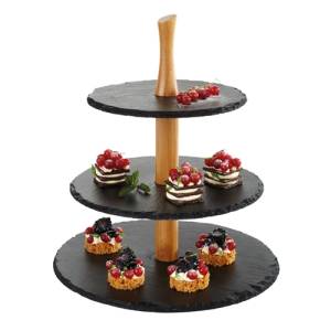 SHELVES 3 LEVELS DIAM. 30CM. PLATES OF SLATE. WOODEN STAND