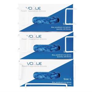 HANDSCHUHSPENDER ABM. 10,5 x 26 cm. BOXHALTER 3 EBENEN EDELSTAHL MIT KUNSTSTOFFBESCHICHTUNG