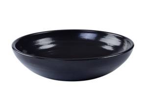 Runde schwarze Steingutschale, Durchmesser 35 cm.