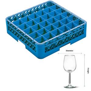 Vaatwaskorf tbv voetglazen 36-vaks | diam. 7,3cm. en hgt. 24cm. | afm. 50x50x26,5cm. Cleaningrack