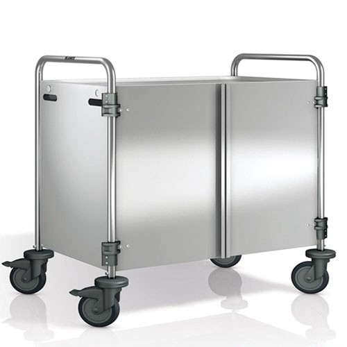 Chariot de service SW 10X6-2, dimensions : 110 x 70 x 95 cm, acier inoxydable. 2 tables, dimensions : 100 x 60 cm, acier inoxydable. Panneaux latéraux et portes : 100 x 60 cm, acier inoxydable. 4 roulettes (dont 2 avec frein). B.PRO
