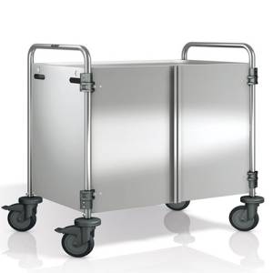 Chariot de service SW 10X6-2, dimensions : 110 x 70 x 95 cm, acier inoxydable. 2 tables, dimensions : 100 x 60 cm, acier inoxydable. Panneaux latéraux et portes : 100 x 60 cm, acier inoxydable. 4 roulettes (dont 2 avec frein). <span translate="no"><span translate="no">B.PRO</span></span>