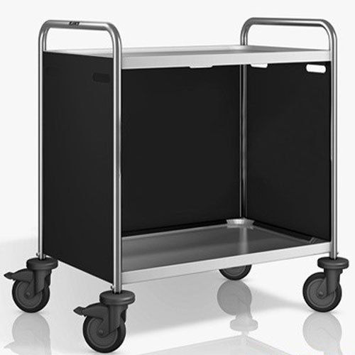 Servierwagen SW 10X6-2, Maße: 110 x 70 x 95 cm, Edelstahl. 2 Tische, Maße: 100 x 60 cm. Seitenwände in Pantone RAL 9011. 4 Rollen (2 mit Bremse) B.PRO