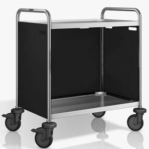Servierwagen SW 10X6-2, Maße: 110 x 70 x 95 cm, Edelstahl. 2 Tische, Maße: 100 x 60 cm. Seitenwände in Pantone RAL 9011. 4 Rollen (2 mit Bremse) <span translate="no"><span translate="no"><span translate="no">B.PRO</span></span></span>