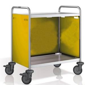 Servierwagen SW 10X6-2, Maße: 110 x 70 x 95 cm, Edelstahl. 2 Tische, Maße: 100 x 60 cm. Seitenwände in Pantone RAL 1032. 4 Rollen (2 mit Bremse) <span translate="no"><span translate="no"><span translate="no">B.PRO</span></span></span>