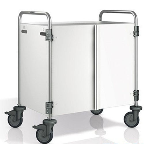 Chariot de service SW 10X6-3, dimensions 110 x 70 x 95 cm, acier inoxydable, 2 tables, dimensions 100 x 60 cm, panneaux latéraux et portes couleur Pantone RAL 9003, 4 roulettes (2 avec frein) B.PRO