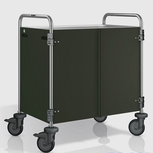 Chariot de service SW 10X6-3, dimensions 110 x 70 x 95 cm, acier inoxydable, 2 tables, dimensions 100 x 60 cm, panneaux latéraux et portes couleur Pantone RAL 9011, 4 roulettes (dont 2 avec frein) B.PRO