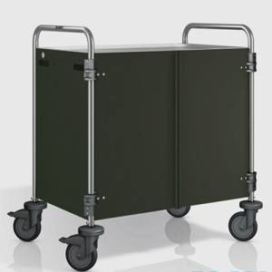 Chariot de service SW 10X6-3, dimensions 110 x 70 x 95 cm, acier inoxydable, 2 tables, dimensions 100 x 60 cm, panneaux latéraux et portes couleur Pantone RAL 9011, 4 roulettes (dont 2 avec frein) <span translate="no"><span translate="no">B.PRO</span></span>