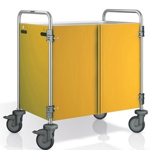 SW 10X6-3 Servierwagen, Abmessungen 110 x 70 x 95 cm, Edelstahl, 2 Tische, Abmessungen 100 x 60 cm, Seitenwände und Türen in Pantone RAL 1032, 4 Rollen (2 mit Bremse) B.PRO