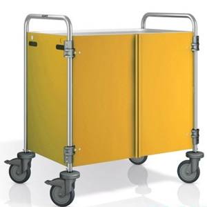 SW 10X6-3 Servierwagen, Abmessungen 110 x 70 x 95 cm, Edelstahl, 2 Tische, Abmessungen 100 x 60 cm, Seitenwände und Türen in Pantone RAL 1032, 4 Rollen (2 mit Bremse) <span translate="no"><span translate="no"><span translate="no">B.PRO</span></span></span>