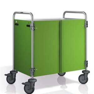 SW 10X6-3 Servierwagen, Abmessungen 110 x 70 x 95 cm, Edelstahl, 2 Tische, Abmessungen 100 x 60 cm, Seitenwände und Türen in Pantone RAL 370C, 4 Rollen (2 mit Bremse) <span translate="no"><span translate="no"><span translate="no">B.PRO</span></span></span>