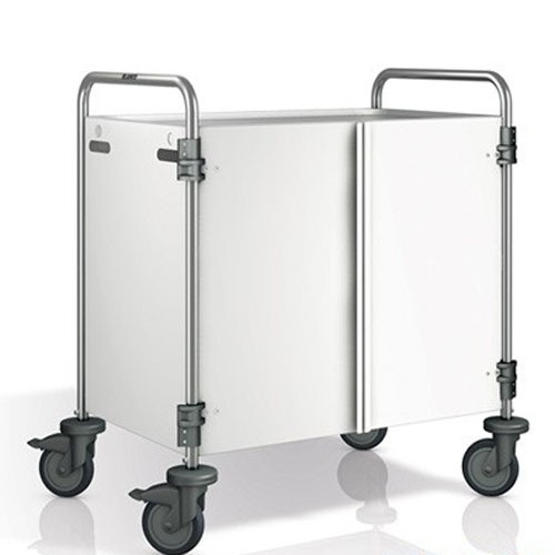 Chariot de service SW 8X5-2, dimensions : 93 x 60 x 95 cm, acier inoxydable, 2 tables, dimensions : 80 x 50 cm, panneaux latéraux et portes couleur Pantone RAL 9003, 4 roulettes (dont 2 avec frein) B.PRO