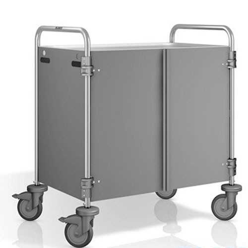 Chariot de service SW 8X5-2, dimensions : 93 x 60 x 95 cm, acier inoxydable, 2 tables, dimensions : 80 x 50 cm, panneaux latéraux et portes couleur Pantone RAL 7030, 4 roulettes (dont 2 avec frein) B.PRO