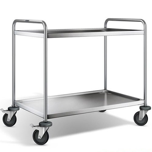 Chariot de service SW 8X5-2, dimensions 93 x 60 x 95 cm. Acier inoxydable. 2 plateaux, dimensions 80 x 50 cm. 4 roulettes (dont 2 avec freins) B.PRO