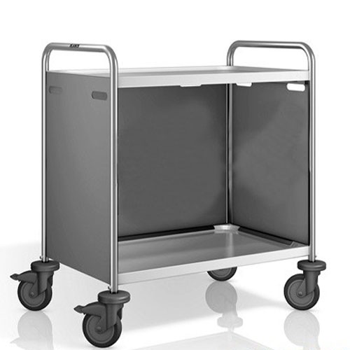 Chariot de service SW 8X5-2, dimensions : 93 x 60 x 95 cm. Acier inoxydable. 2 tables, dimensions : 80 x 50 cm. Panneaux latéraux Pantone RAL 7030. 4 roulettes (dont 2 avec frein). B.PRO