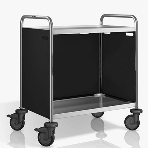 SW 8X5-2 Servierwagen, Maße: 93 x 60 x 95 cm, Edelstahl. 2 Tische, Maße: 80 x 50 cm. Seitenwände in Pantone RAL 9011. 4 Rollen (2 mit Bremse) B.PRO