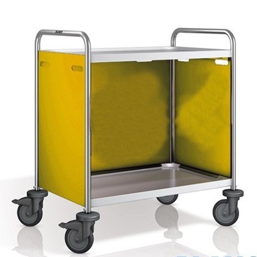 SW 8X5-2 Servierwagen, Maße: 93 x 60 x 95 cm, Edelstahl. 2 Tische, Maße: 80 x 50 cm. Seitenwände in Pantone RAL 1032. 4 Rollen (2 mit Bremse) B.PRO