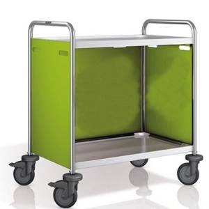 SW 8X5-2 Servierwagen, Maße: 93 x 60 x 95 cm, Edelstahl. 2 Tische, Maße: 80 x 50 cm. Seitenwände in Pantone 382C. 4 Rollen (2 mit Bremse) <span translate="no"><span translate="no"><span translate="no">B.PRO</span></span></span>