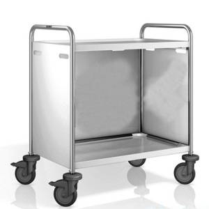 Chariot de service SW 8X5-2, dimensions : 93 x 60 x 95 cm, acier inoxydable. 2 tables, dimensions : 80 x 50 cm, acier inoxydable. Panneaux latéraux : 4 roulettes (dont 2 avec frein). <span translate="no"><span translate="no">B.PRO</span></span>
