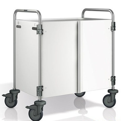 Chariot de service SW 8X5-3, dimensions : 93 x 60 x 95 cm, acier inoxydable, 3 tables, dimensions : 80 x 50 cm, panneaux latéraux et portes couleur Pantone RAL 9003, 4 roulettes (dont 2 avec frein) B.PRO