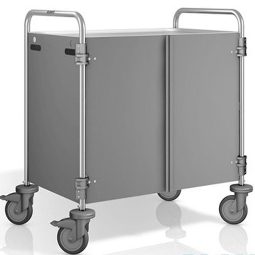 Chariot de service SW 8X5-3, dimensions : 93 x 60 x 95 cm, acier inoxydable, 3 tables, dimensions : 80 x 50 cm, panneaux latéraux et portes couleur Pantone RAL 7030, 4 roulettes (dont 2 avec frein) B.PRO