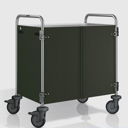 SW 8X5-3 Servierwagen, Abmessungen 93 x 60 x 95 cm, Edelstahl, 3 Tische (Abmessungen 80 x 50 cm), Seitenwände und Türen in Pantone RAL 9011, 4 Rollen (2 mit Bremse) B.PRO