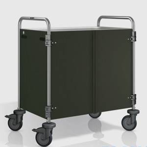 SW 8X5-3 Servierwagen, Abmessungen 93 x 60 x 95 cm, Edelstahl, 3 Tische (Abmessungen 80 x 50 cm), Seitenwände und Türen in Pantone RAL 9011, 4 Rollen (2 mit Bremse) <span translate="no"><span translate="no"><span translate="no">B.PRO</span></span></span>