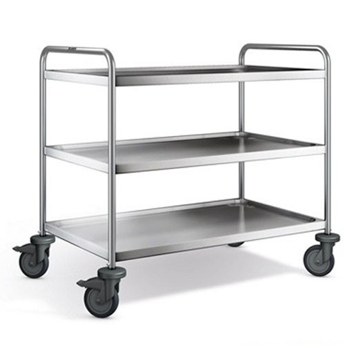 Chariot de service SW 8X5-3, dimensions 93 x 60 x 95 cm. Acier inoxydable. 3 plateaux de 80 x 50 cm. 4 roulettes (dont 2 avec freins). B.PRO