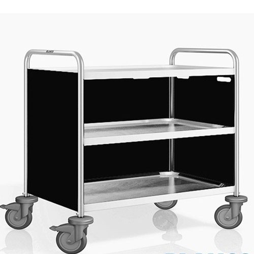 SW 8X5-3 Servierwagen, Maße: 93 x 60 x 95 cm, Edelstahl. 3 Tische, Maße: 80 x 50 cm. Seitenwände in Pantone RAL 9011. 4 Rollen (2 mit Bremse) B.PRO