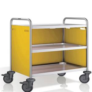 Chariot de service SW 8X5-3, dimensions : 93 x 60 x 95 cm. Acier inoxydable. 3 tables, dimensions : 80 x 50 cm. Panneaux latéraux Pantone RAL 1032. 4 roulettes (dont 2 avec frein). <span translate="no"><span translate="no">B.PRO</span></span>