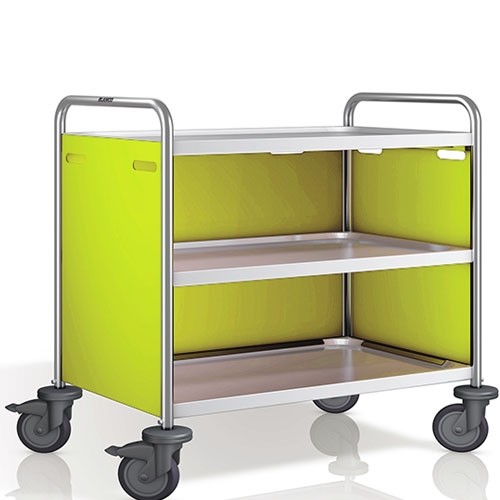 Chariot de service SW 10X6-3, dimensions 110 x 70 x 95 cm. Acier inoxydable. 3 tables, dimensions 100 x 60 cm. Panneaux latéraux Pantone RAL 382C. 4 roulettes (2 avec frein) B.PRO