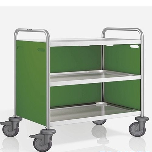 Chariot de service SW 10X6-3, dimensions 110 x 70 x 95 cm, acier inoxydable, 3 tables, dimensions 100 x 60 cm, panneaux latéraux Pantone RAL 370C, 4 roulettes (dont 2 avec frein), B.PRO