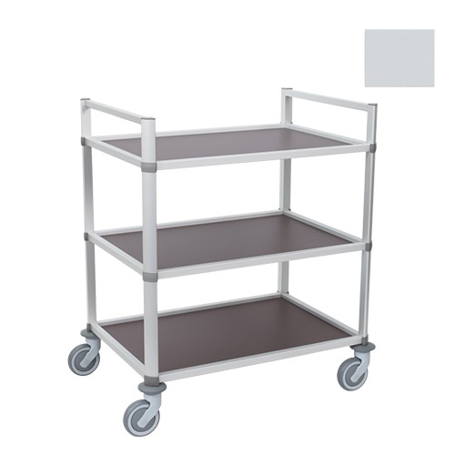 Serveerwagen Michigan 3 plateaus afm. 92,5x65,5cm. HG. 105cm. 4-zwenkwielen 2 met rem zilver grijs
